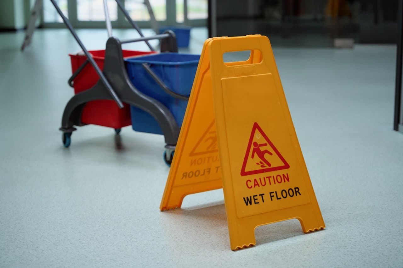 A caution wet floor sign next to a mop and bucket