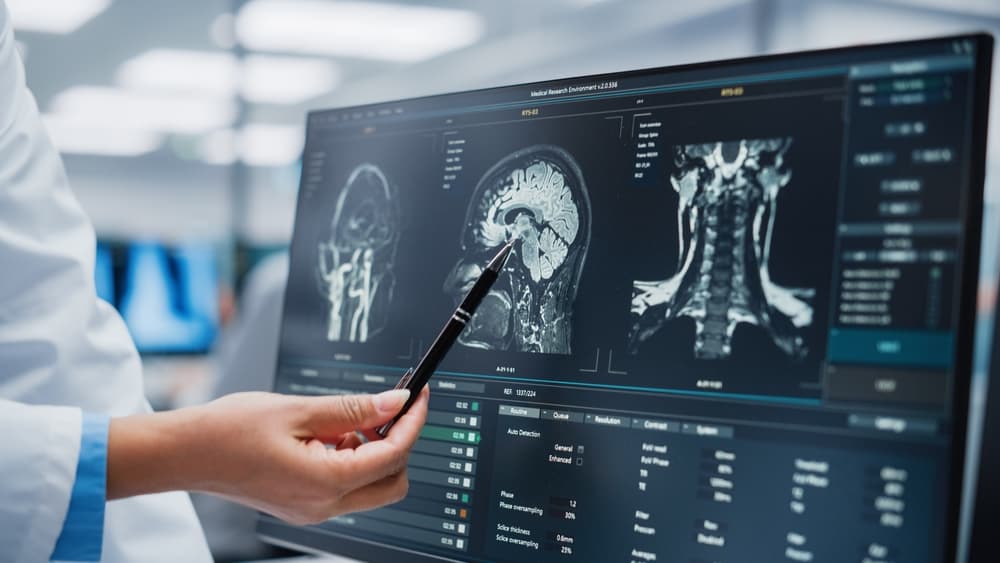 Neurologist and Neurosurgeon Talk, Use Computer, Analyze Patient MRI Scan, Diagnose Brain.